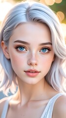 Portrait of a fair-skinned woman with striking blue eyes