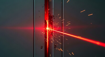 A powerful laser beam cutting through a metal plate with sparks flying, showcasing precision and industrial strength in a technological setting