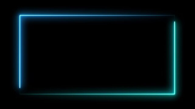 Abstract blue and green square frame with LED glowing light effect along lines on black background, for copy space. 4K looping.