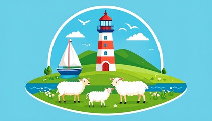 Coastal scene with a lighthouse, sailboat, and sheep