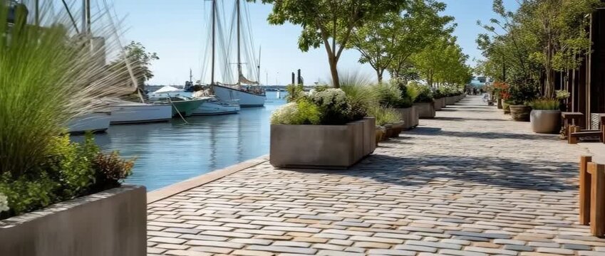 Bright summer light, boats and port features in the backdrop, and a square stone planter with foliage and little flowers on a riverside promenadeอ