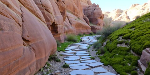 Scenic path with stone slabs winding through a narrow canyon with red rock walls and lush green moss