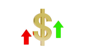 3D Golden Dollar Sign with Red and Green Up Arrows Illustrating Financial Growth Market Trend Success and Economy Improvement