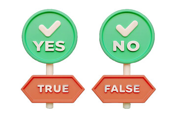 Isolated 3D Rendering of Yes/True (Green Check) and No/False  Decision Signs, Representing Choices, Survey Results, and Voting, Transparent PNG File