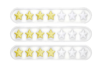 Isolated 3D Rendering of Three Levels of Golden Star Ratings (3, 4, and 5 Stars), Representing User Feedback and Product Quality, Transparent PNG File