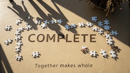 Inspirational puzzle pieces forming the word Complete, symbolizing unity and togetherness in a warm sunlight setting