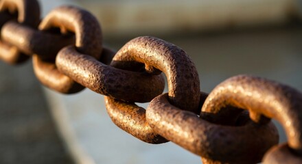 Fototapeta premium A rusty chain with textured links is highlighted showing wear and age
