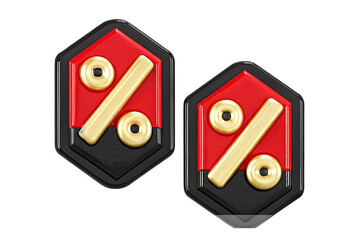 Isolated 3D Rendering of Hexagonal Percentage Icons in Black and Red with Gold Signs, Perfect for Discount and Sale Promotions, Transparent PNG File