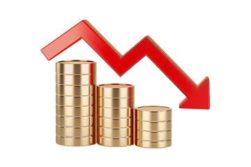 Isolated 3D Rendering of Decreasing Stacks of Gold Coins with a Red Downward Arrow, Representing Financial Loss, Crisis, or Market Decline, Transparent PNG