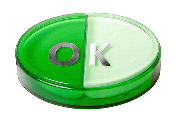 green button on a white Isolated 3D Rendering of a Shiny Green Circular Confirmation Button with White OK Text, Symbolizing Approval and Acceptance