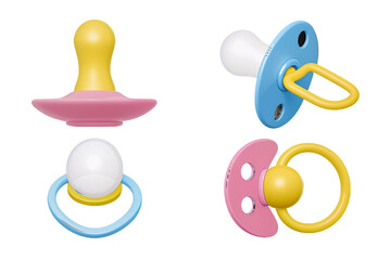 Collection of Four Colorful Baby Pacifiers or Dummies in 3D Rendering, Isolated on a White Background for Newborn and Pediatric Productsbaby pacifier