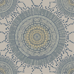 Intricate Capodanno vector design featuring a large blue and yellow mandala surrounded by smaller patterns on a beige background with repeating circular motifs.