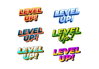 A collection of six colorful Level Up! text designs in various styles and fonts, showcasing vibrant © ayu