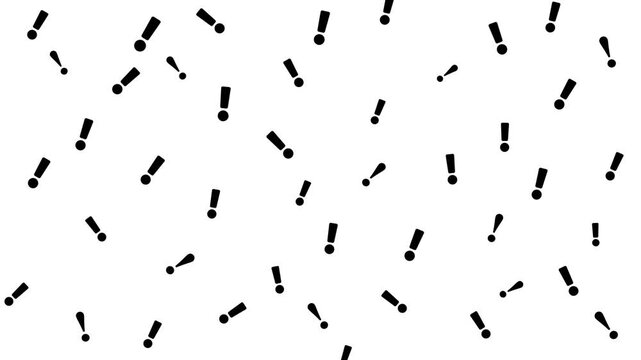 Black exclamation mark symbol pattern animation on a white background. The marks gently rotate and subtly scale in and out randomly at intervals, concept of  attention, urgency, caution and awareness.