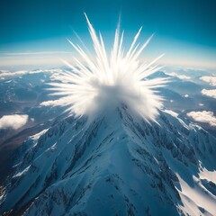 Snow covered mountain peak with bright sunburst effect through clouds and surrounding mountain ranges