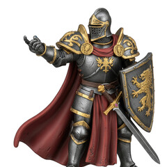 Knight in shining armor with detailed gold accents and a red cape stands ready for battle holding a sword and shield on a transparent background