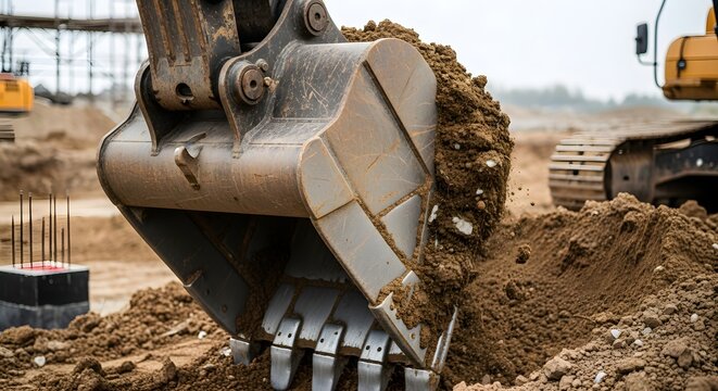 Close-up of Excavator Bucket Digging Soil at Construction Site