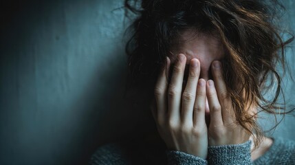 Stressed young woman covering face in anxiety concept. A person in distress, covering their face in a moment of emotional struggle.