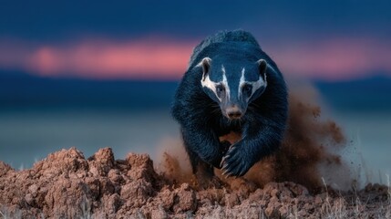 A powerful bear charging through the landscape, kicking up dust under a dramatic sunset sky, showcasing its majestic form.