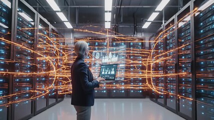 Confident businesswoman surrounded by humming servers, holding futuristic laptop with glowing screens, effectively conveying technological innovation, cutting edge data analysis. - Powered by Adobe