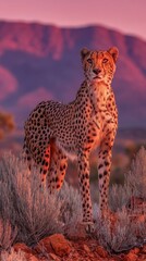 A majestic cheetah stands gracefully in a stunning sunset landscape, showcasing its beauty and agility in the wild.