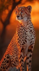 A majestic cheetah sitting gracefully, bathed in warm sunset light, showcasing its striking spotted coat and keen eyes.