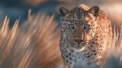 A majestic leopard prowling through tall grass, exuding strength and grace in a tranquil setting during golden hour.