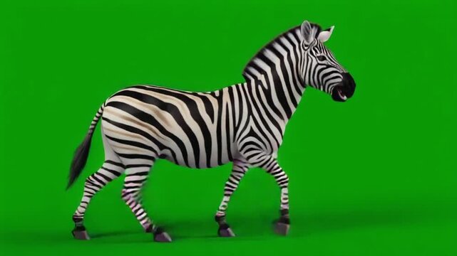 Cartoon zebra walking across a green screen background in a seamless loop animation sequence zebra green screen video