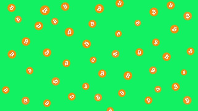 Golden Bitcoin mark symbol pattern animation on a green screen. The marks gently rotate and subtly scale in and out randomly at intervals. Concept of virtual money.