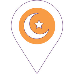 Islamic Location Pin Icon with Crescent Moon and Star Symbol Over Orange Circle on Transparent Background
