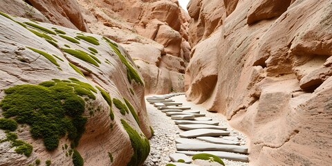 A winding stone path through a narrow canyon with moss covered rock walls Nature