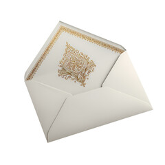 Elegant ivory envelope with delicate golden floral design, presented on transparent background.