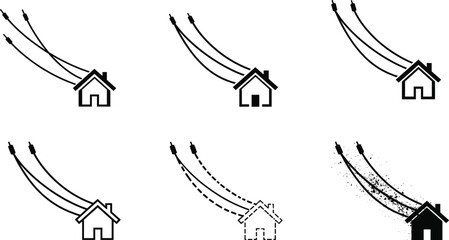 Electric cable transformation sequence showing house evolution from solid structure to disintegration, concept art for energy impact and decay.