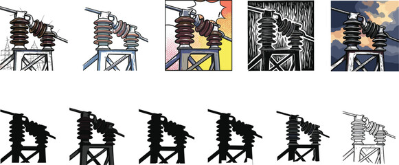 Electrical Insulator Vector Set in Twelve Artistic Styles Including Sketch, Silhouette, Comic, Painterly, Woodcut, and Minimal Line Variations