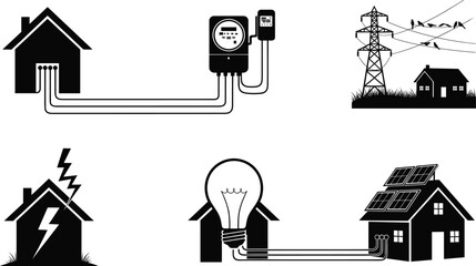 Electricity transmission, power usage, solar energy, home wiring, electric meter, light bulb, hazard, infrastructure, residential grid, energy flow illustration