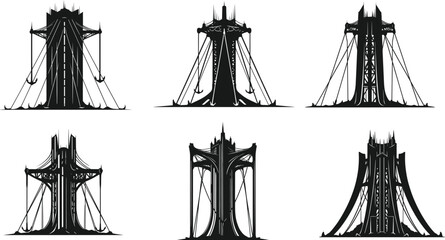 Futuristic gothic bridge silhouettes with spires and cables, architectural concept art for suspension and cable-stayed structures in black vector style