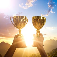Two golden trophies held high against a bright sky background