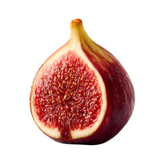 Sliced fig reveals vibrant red interior with seeds, presented against transparent backdrop