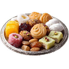 Assorted Eid sweets beautifully arranged on a silver platter against transparent backdrop.