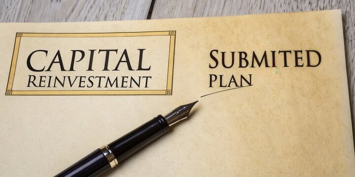 Capital Reinvestment Submitted Plan Document with Fountain Pen on Wooden Table Background for Business and Finance Ideas