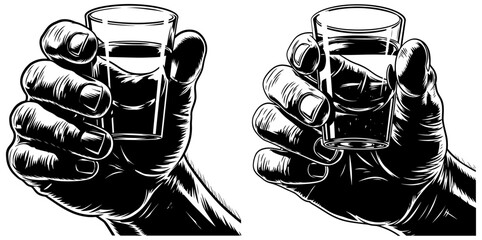 Two hands holding shot glasses filled with liquor, ready for a toast, isolated on © FrajanaAI