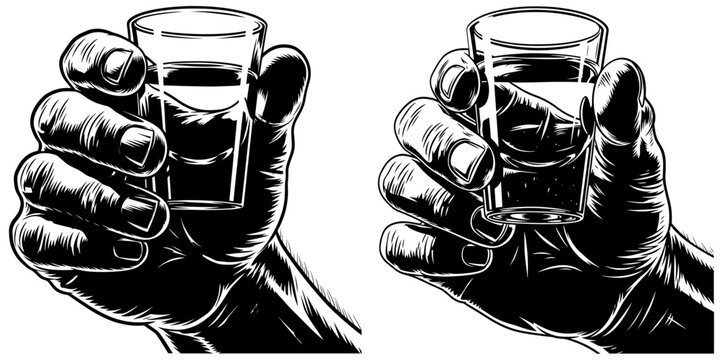 Two hands holding shot glasses filled with liquor, ready for a toast, isolated on