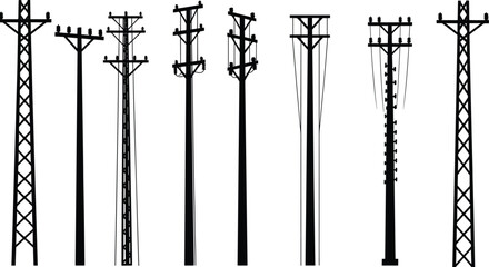 Silhouettes of utility poles with varied electrical infrastructure, transformers, crossarms, and insulators for power distribution and engineering reference.