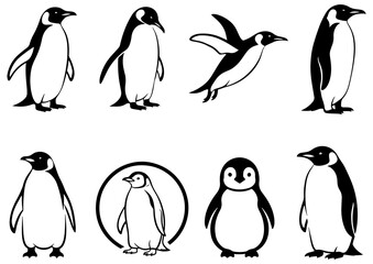 Set of eight penguin illustrations in different poses isolated on, showcasing various actions and expressions
