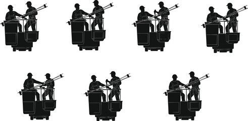 Silhouettes of Utility Workers in Bucket Lift Performing Overhead Maintenance with Tools – Teamwork, Safety, Infrastructure, and Industrial Service Concept