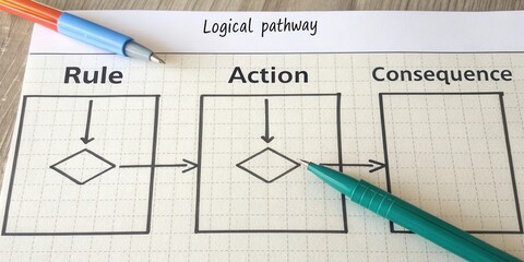 Detailed Diagram of Logical Pathway with Rule, Action, and Consequence on Graph Paper for Educational Purpose