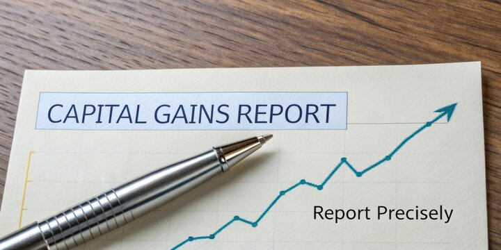 Capital Gains Report Document with Pen on Wooden Table Displaying Growth Trend and Financial Data for Investment Analysis - Powered by Adobe
