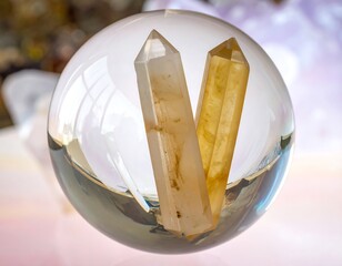Two gemstone towers within a crystal sphere, with soft, bokeh background
