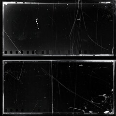 Two rectangular strips of negative film with various scratches and debris