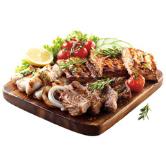 Five delicious shish kebabs with grilled meat and vibrant vegetables on skewers,isolated